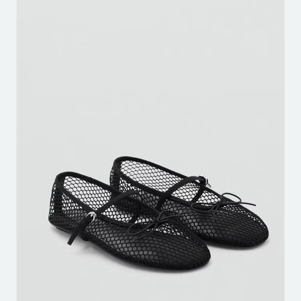 Mango Black Mesh Ballet Flats with Bow Detail